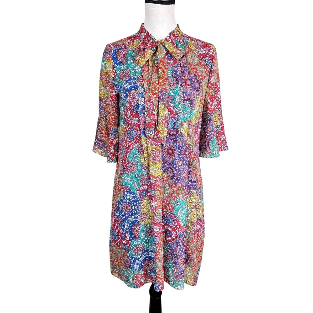 Leslie Fay Multicolor Bold Print Half Flounce Sleeve Neck Tie Shift Dress